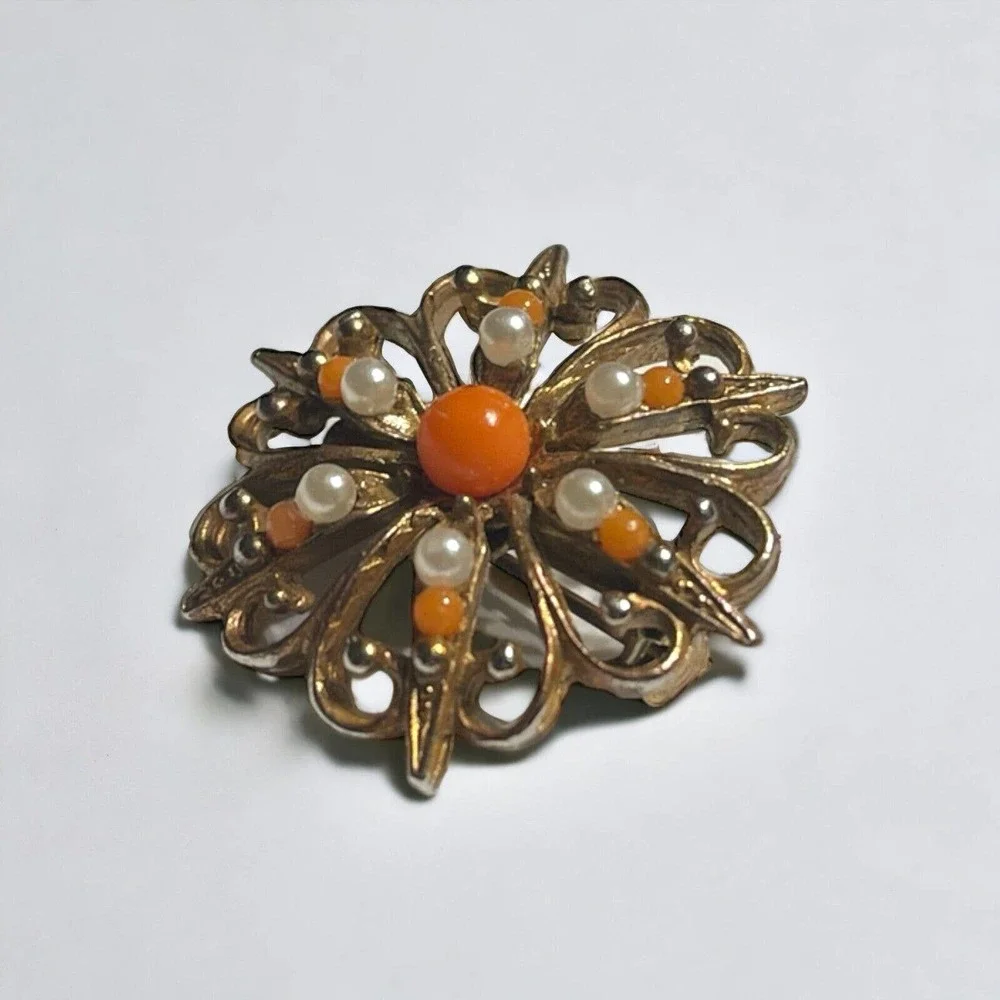 Vintage Antique Gold Tone Starburst Orange Acrylic Stones Faux Pearl Pin Brooch